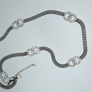 Long Silver Tone Necklace w/ Rhinestone Crystal Interlocking Circles Designer